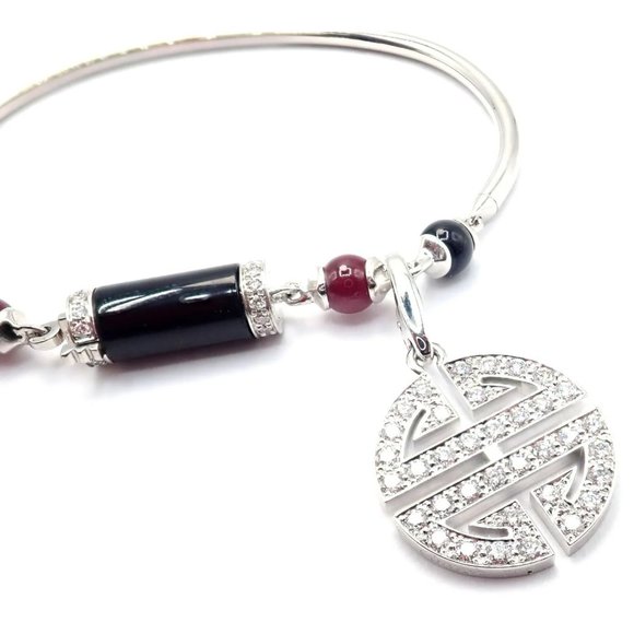 Cartier Le Baiser Du Dragon 18k Gold Diamond Ruby Onyx 2 Charms Bangle Bracelet - Picture 2 of 11